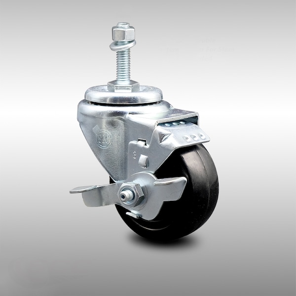 3 Inch SS Hard Rubber Wheel Swivel 10mm Threaded Stem Caster with Brake SCC